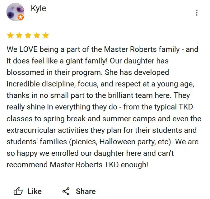 5 star reviews from families stating how well our martial arts classes develop their children