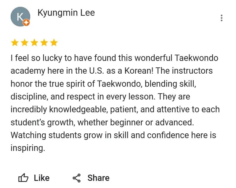 5 star review about our martial arts school