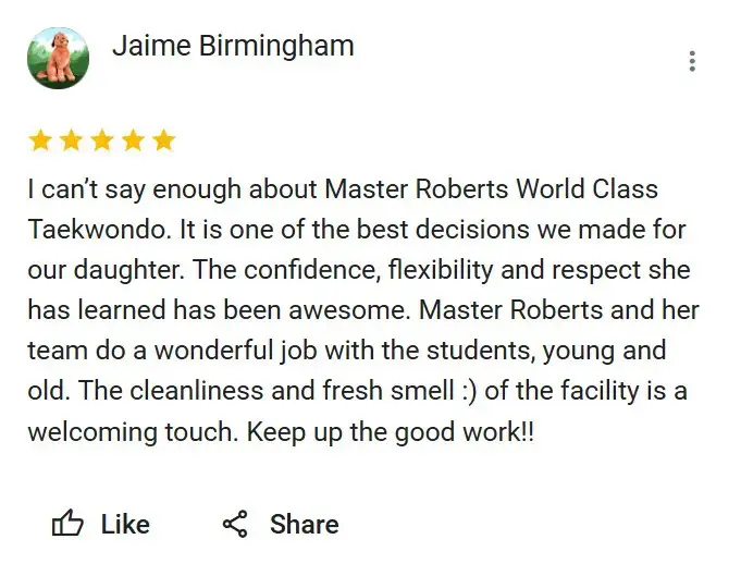 5 star review for how well our facilities and martial arts classes are