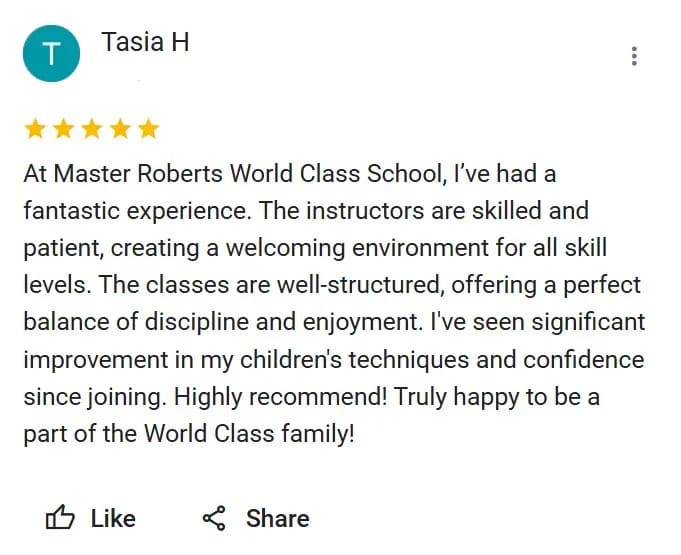 5 start review from a parent showing how well our martial arts classes are structured
