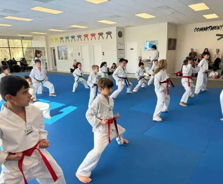 Students practicing stances in group class for taekwondo basics